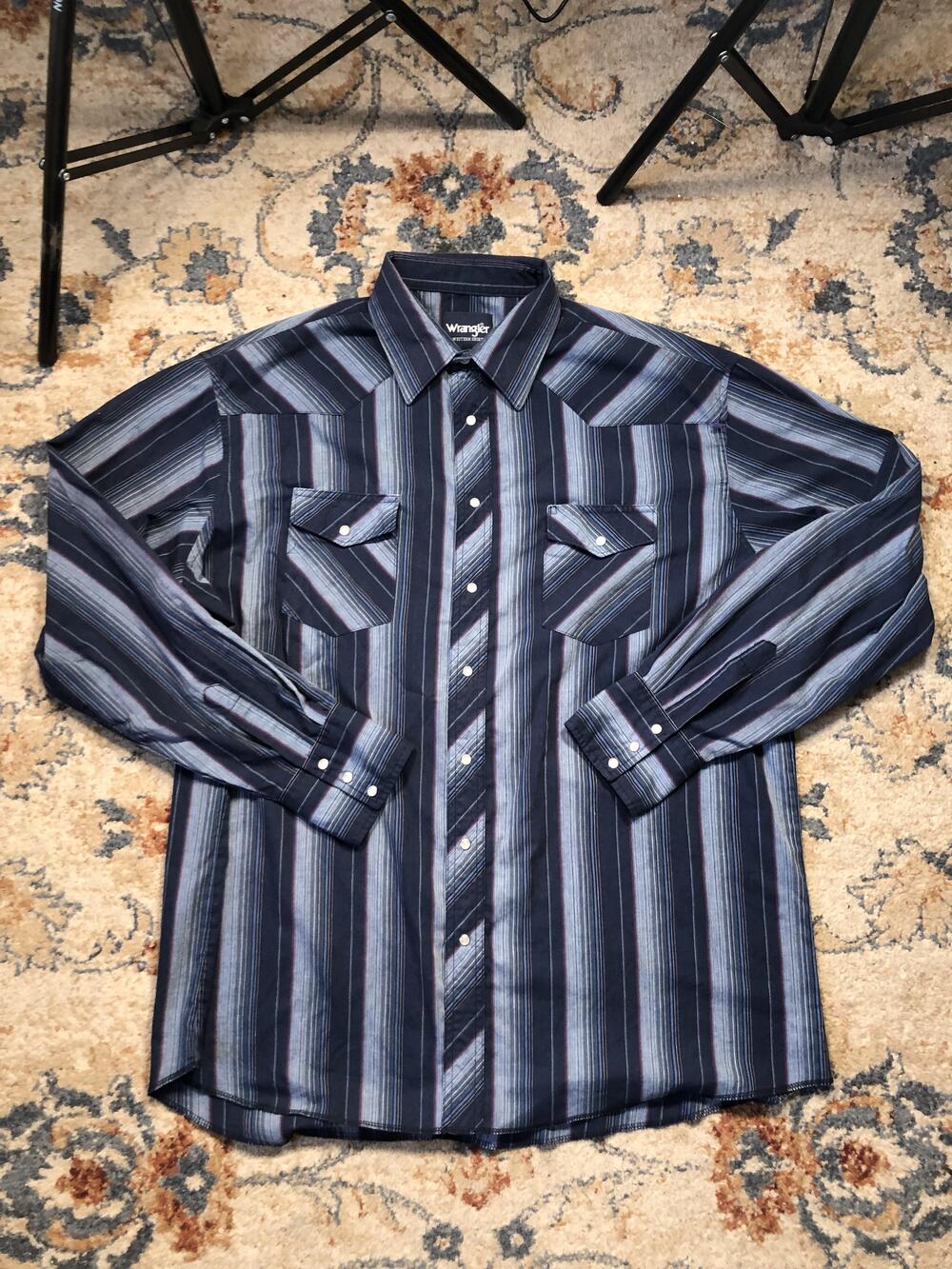 Wrangler Western Shirt Mens 3XL Blue Striped Pearl Snap Long Sleeve